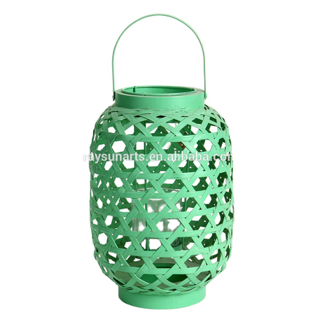 Wooden bamboo rattan lantern with metal decorative handles