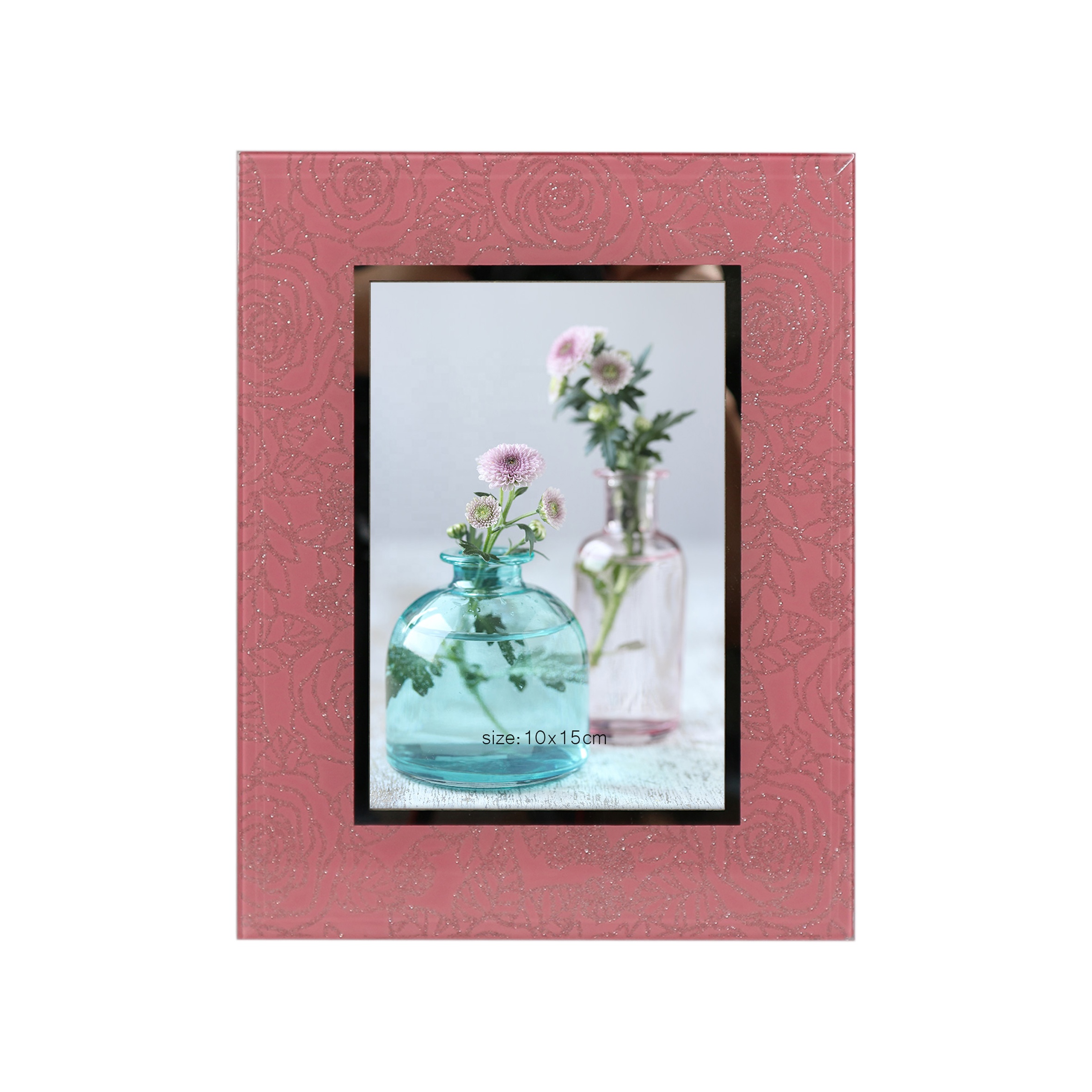 Glass photo frame wall art framed picture with silver rose Decor 4x6 inch frame