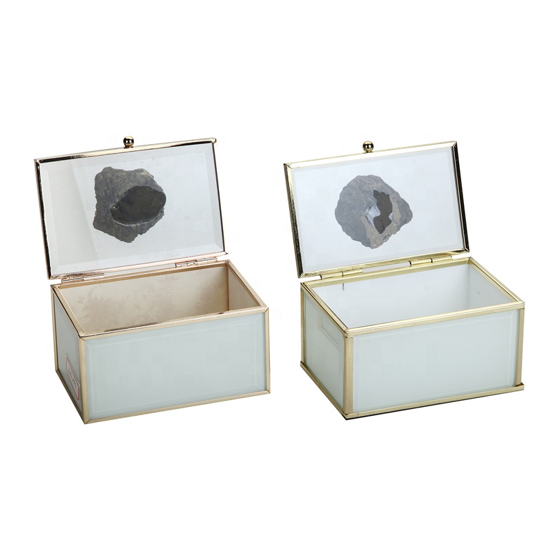 Rectangular And Brass Gold Glass jewellery gift box With Decorative Stone Top